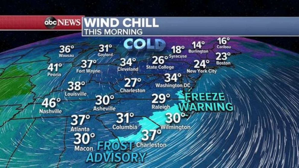 PHOTO: Wind chills Thursday morning are in the 20s and 10s from Raleigh, North Carolina, to Boston.