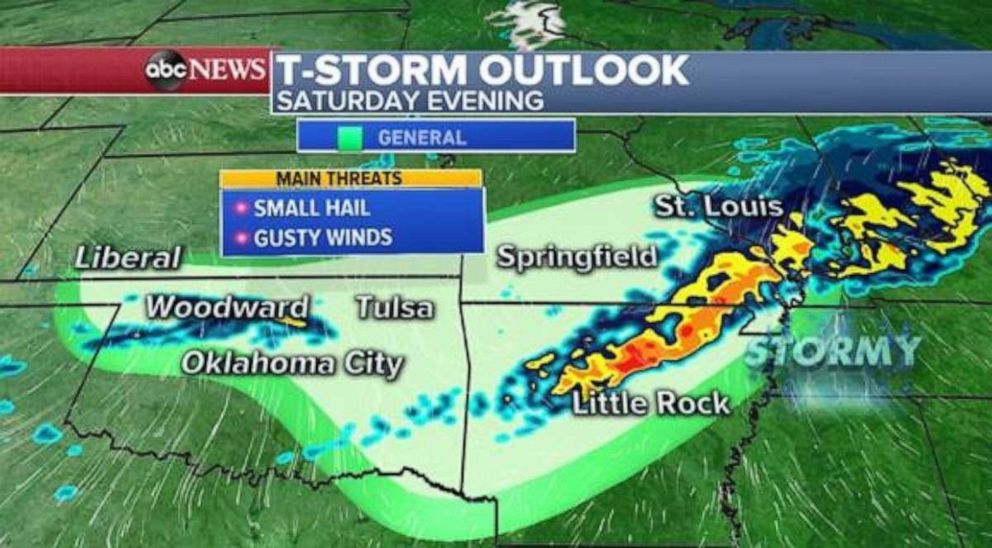PHOTO: A cold front will sag across the southern plains and into the Mid-Mississippi valley Saturday afternoon and evening, bringing a minor threat for thunderstorms.
