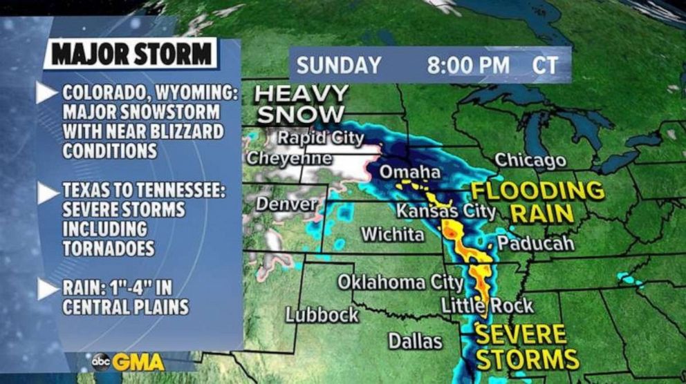 PHOTO: The storm will try to move east by Sunday night, with heavy torrential rain moving into parts of Arkansas and Missouri again. Meanwhile, heavy snow will spread across parts of the northern plains and head towards the upper Midwest.