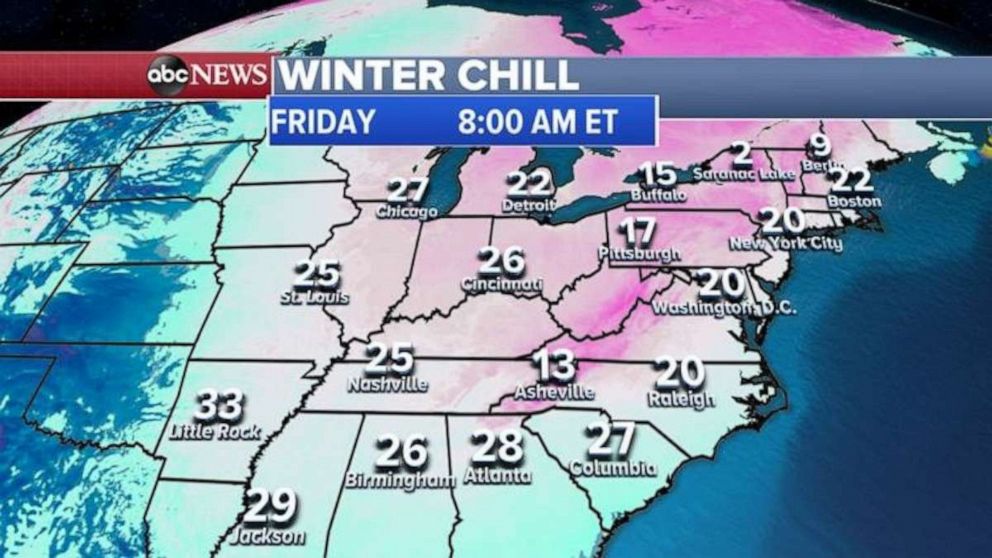PHOTO: The coldest air will move into the East Coast and deep South Thursday night into Friday morning, where nearly four dozen record lows are possible.
