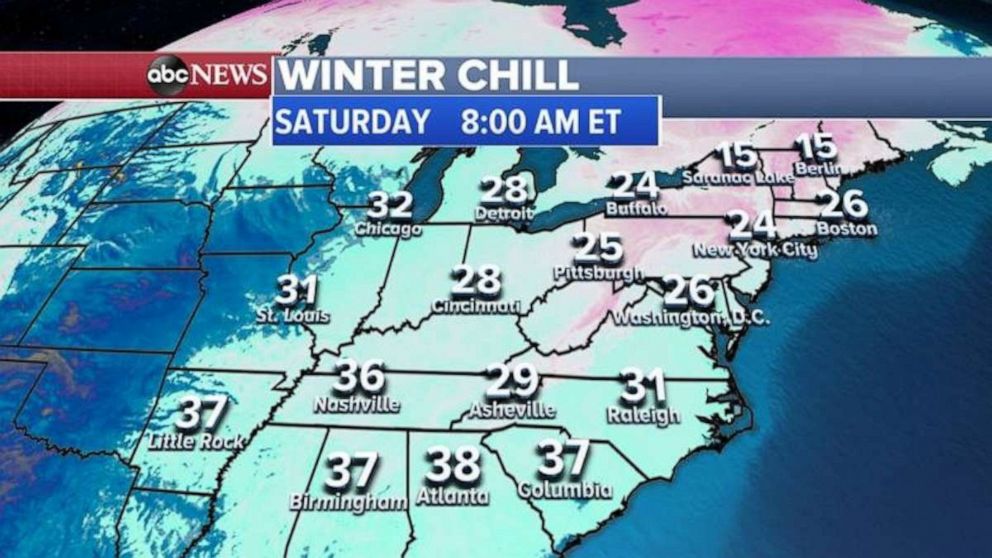 PHOTO: Wind Chills Saturday morning will be in the teens and 20s in the Northeast and 20s and 30s across the South.
