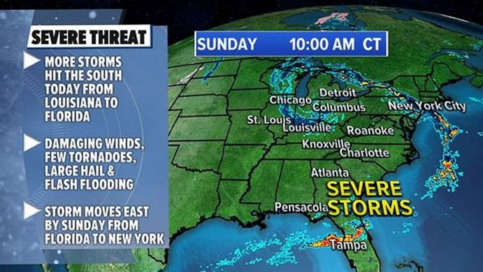 PHOTO: These storms move east on Sunday, impacting Northern Florida to New York City.