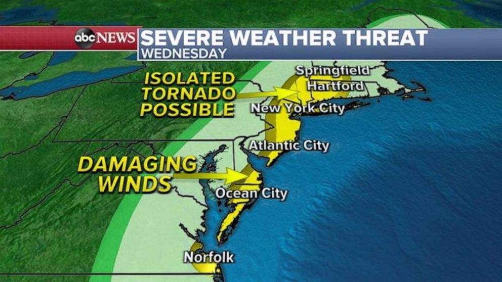 PHOTO: Ahead of this storm system, warm air could help to produce severe thunderstorms from Norfolk, Virginia to New York City and Springfield, Massachusetts