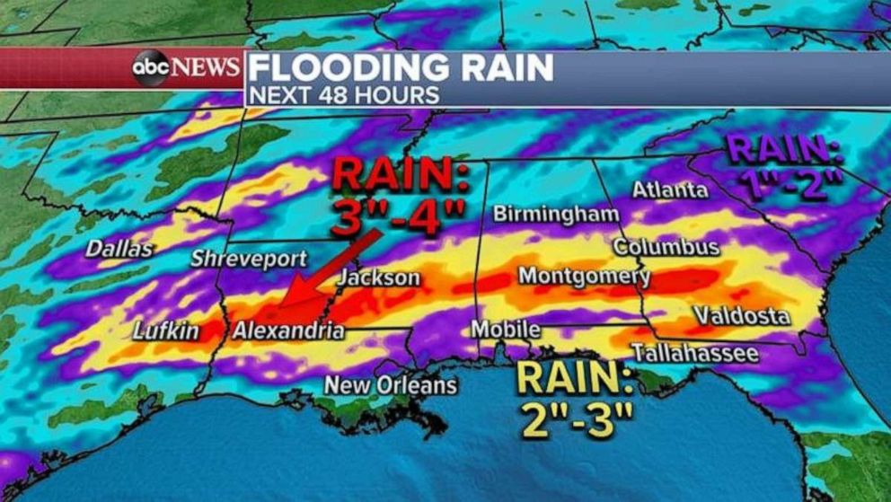 PHOTO: In addition to the severe weather risk, these storms could bring very heavy rain that could produce flash flooding across the Gulf Coast states in the next 48 hours.