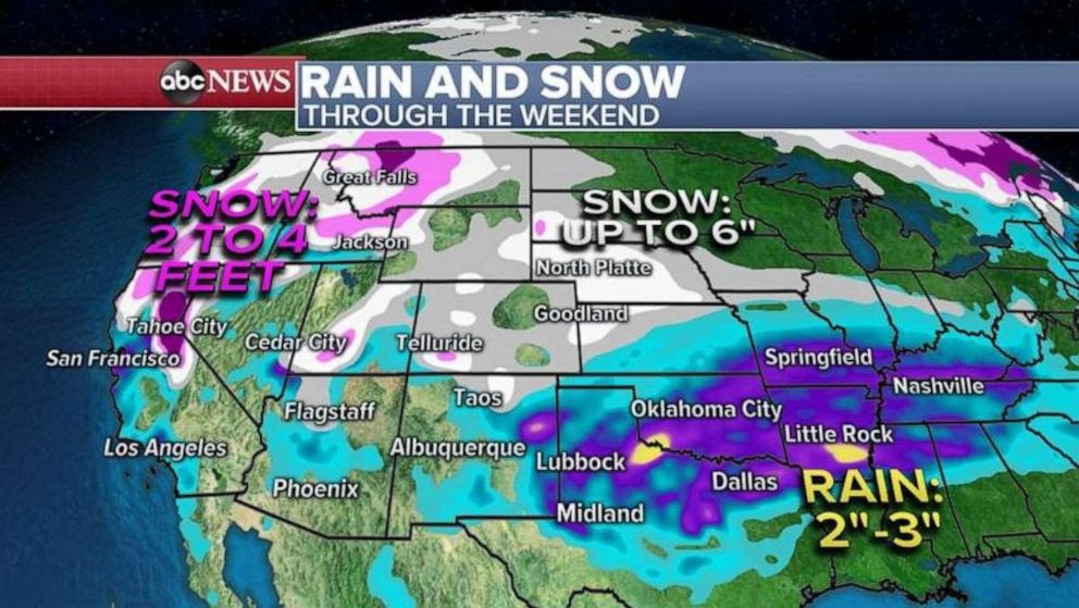 PHOTO: These storm systems will bring 2 to 4 feet of snow from Sierra Nevada mountains in California and 1 to 3 inches of rain from coastal California