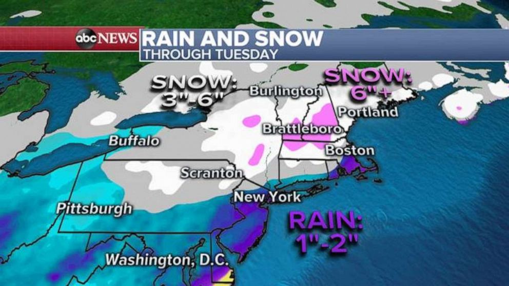 PHOTO: way from the major cities, in interior parts of New England snow accumulation will be possible. Looks like 3 to 6 inches will be possible in parts of Central New York, and into parts of northern Connecticut to Maine. 