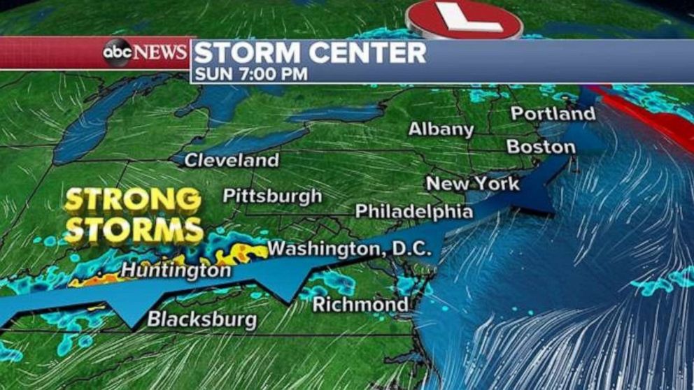 PHOTO: Storms will move into the Appalachians and Mid-Atlantic by Sunday evening, where 1-2 inches of rain will be possible.