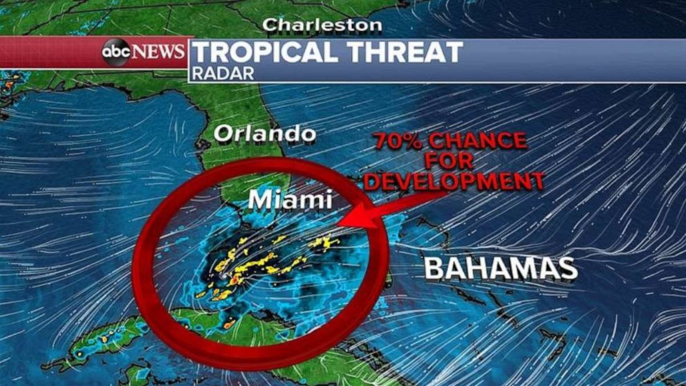 PHOTO: By Friday night or Saturday morning, there could be a sub-tropical or tropical depression just north of Bahamas and east of Florida. If it becomes a named storm, it would be called Arthur.