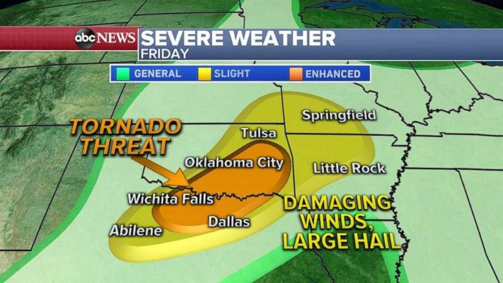 PHOTO: The biggest tornado threat will be just north of Dallas to just east of Oklahoma City. 