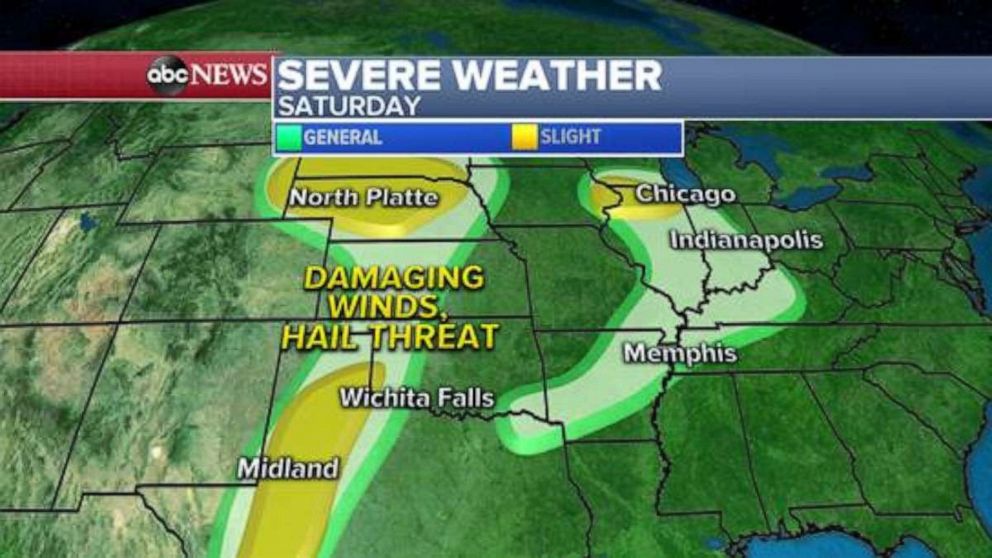 PHOTO: The main threats in the severe risk areas include damaging winds and hail. There is, however, a tornado risk in the Midwest Saturday night.