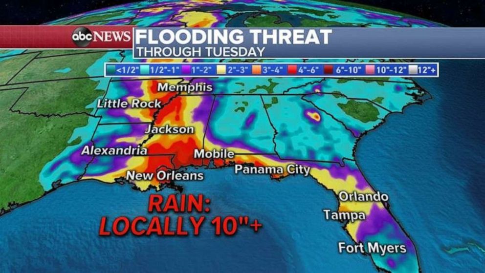 PHOTO: The biggest threat with Cristobal will be heavy rain and flooding. Some areas along the Gulf Coast, and even into Mid-Mississippi River Valley, could see between 5 to as much as 10 inches of rain.
