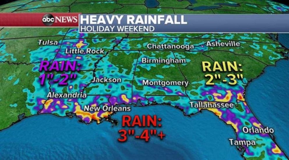 PHOTO: A large portion of the southern U.S. is expected to see heavy rainfall through the holiday weekend.