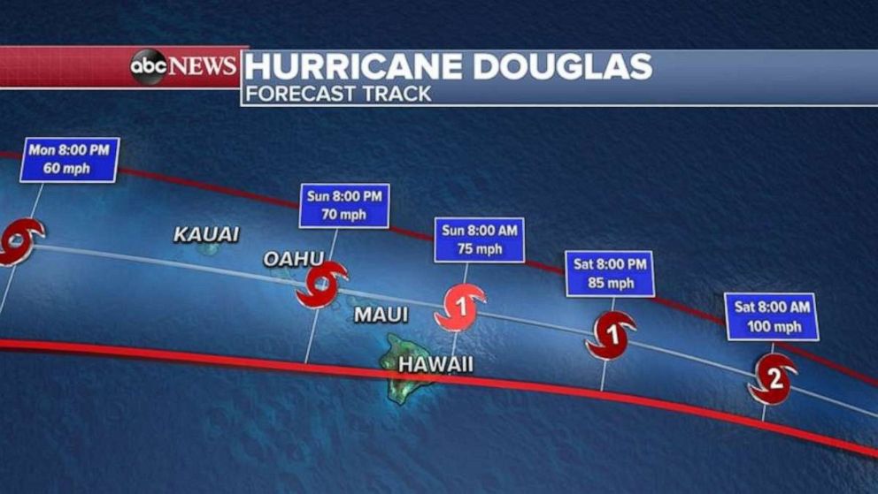PHOTO: Douglas has probably already peaked in its intensity and is expected to weaken as it moves over the cooler Pacific Ocean water, on its way to Hawaii.