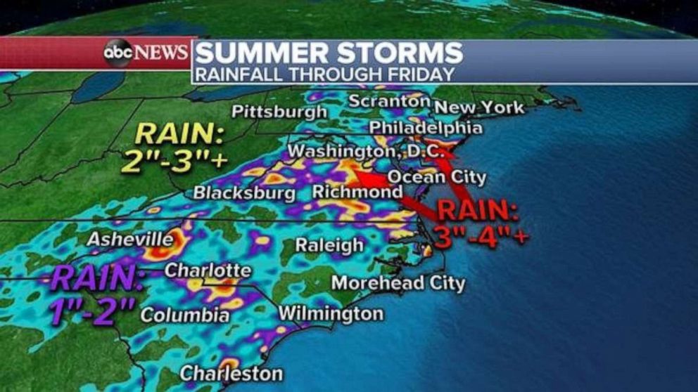 PHOTO: These storms could bring 3 to 4 inches of rain to parts of the Mid-Atlantic, especially northern Virginia to southern New Jersey, which means the flooding threat could last for the next few days.