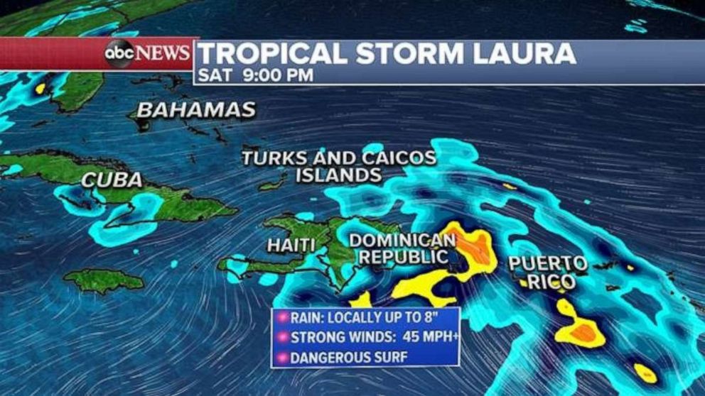 PHOTO: On the current forecast track, Laura will move near Puerto Rico Saturday morning, then Hispaniola in the afternoon and night, and then near Cuba on Sunday.
