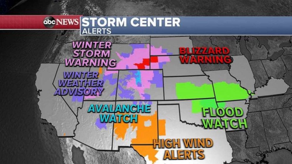 PHOTO: A major storm is targeting the central U.S. this weekend, with near blizzard conditions forecast across the Rockies and High Plains. Severe weather, including possible strong tornadoes across the central and southern Plains, is also expected.
