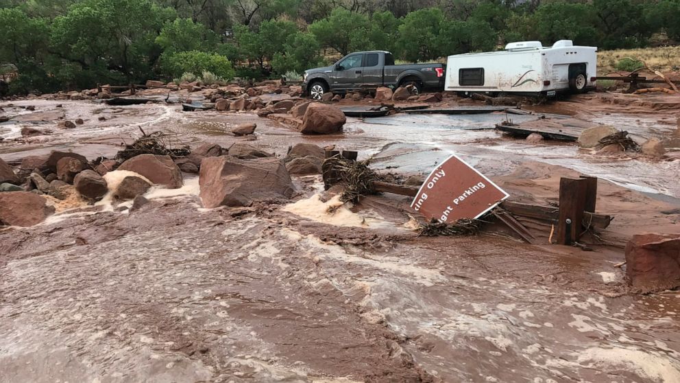 In this photo provided by the National Park Service is the scene after a flash flood in Zion National Park, Utah on Tuesday, June 29, 2021. Zion National Park reopened with modified operations Wednesday after a flash flood swept through portions of s