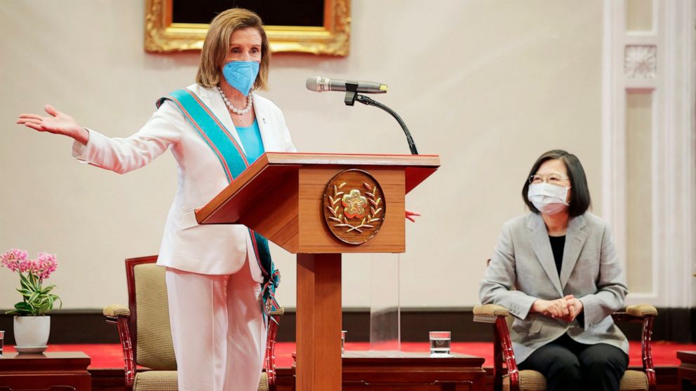 FILE - In this Taiwan Presidential Office photo, U.S. House Speaker Nancy Pelosi speaks during a meeting with Taiwanese President President Tsai Ing-wen, right, in Taipei, Taiwan, on Aug. 3, 2022. China's Foreign Ministry accused the United States of