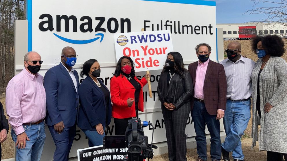 Democratic members of Congress join representatives of the Retail, Wholesale and Department Store Union gather outside an Amazon fulfillment center in Bessemer, Ala., on March 5, 2021, to advocate for the ongoing unionization vote at the sprawling ca