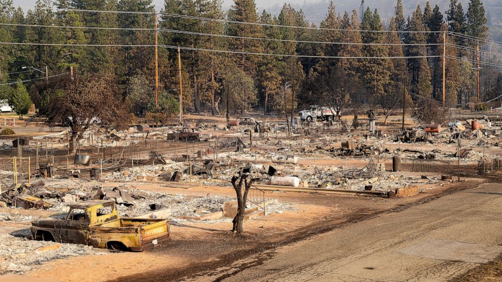 Homes destroyed by the Mill Fire line Wakefield Ave. on Saturday, Sept. 3, 2022, in Weed, Calif. (AP Photo/Noah Berger)