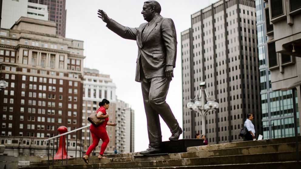 In this Sept. 15, 2017, photo, shown is a statue of statue of controversial former Philadelphia Mayor Frank Rizzo in Philadelphia. Workers early Wednesday, June 3 2020 removed the statue which was defaced during protests over the death of George Floy