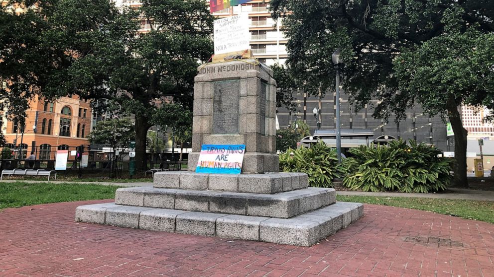 FILE - In this June 13, 2020, file photo, the pedestal is left after protesters removed a bust of John McDonogh in Duncan Plaza in New Orleans. The whereabouts of the bust of the slave owner toppled by protesters and thrown into the Mississippi river