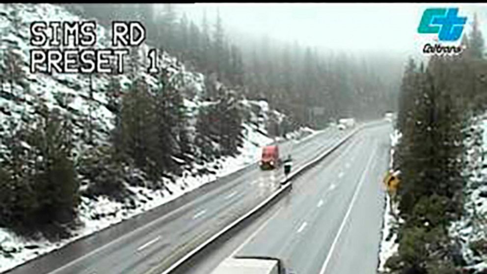 This image from a Caltrans traffic camera shows snow conditions on California Interstate 5 Sims Road in Shasta-Trinity National Forest, near Castella, Calif., on Saturday, Dec. 10, 2022. A stretch of California Highway 89 was closed due to heavy snow