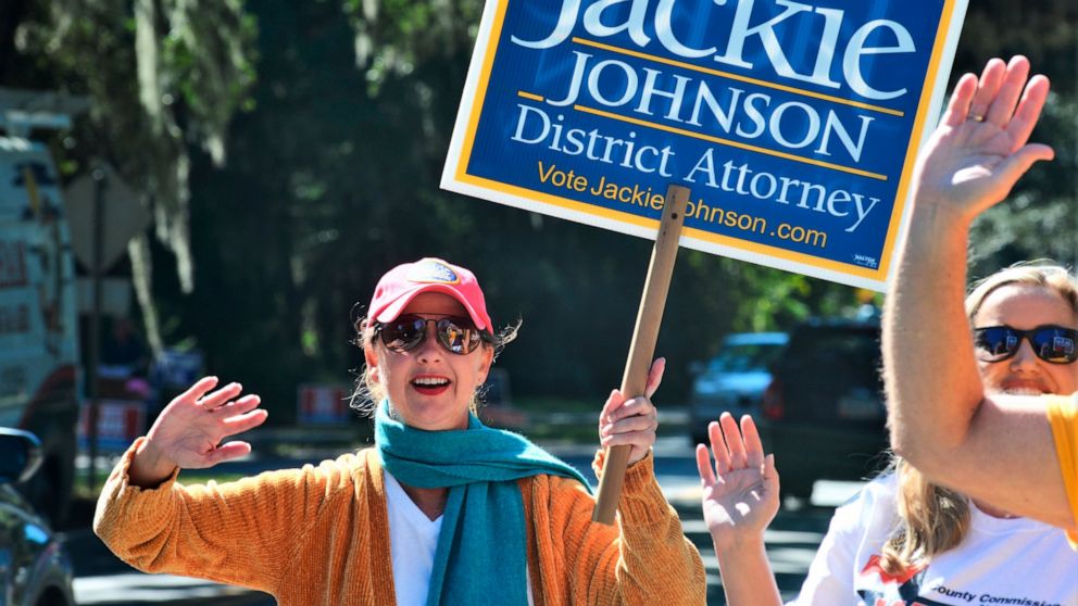 District Attorney Jackie Johnson campaigns for reelection on Tuesday, Nov. 3, 2020, on St. Simons Island, Georgia. Independent challenger Keith Higgins defeated Johnson, a Republican, after she faced criticism for her office’s response to the Februar