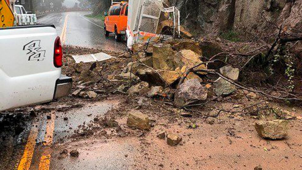 This photo provided by the California Department of Transportation (Caltrans) shows debris from a rock slide in the middle of Topanga Canyon Road in Los Angeles after a heavy rainstorm swept through Thursday, Jan. 17, 2019. The latest in a series of 