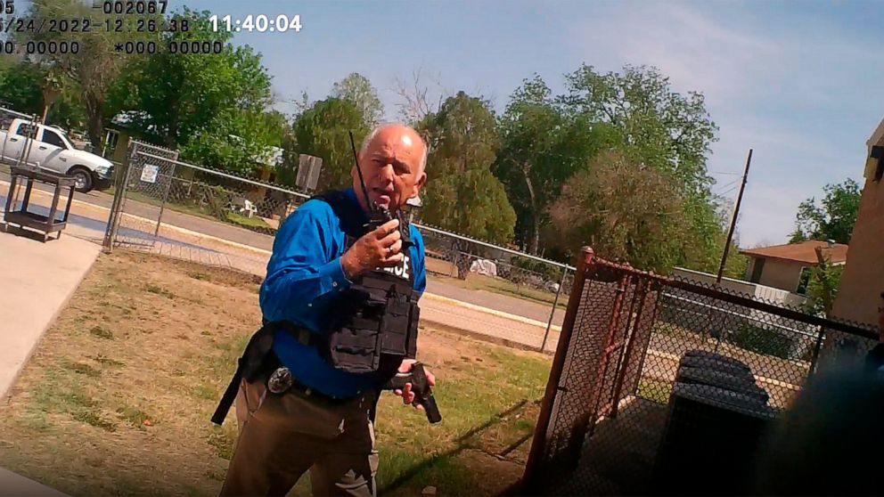 This image from video released by the City of Uvalde, Texas shows city police Lt. Mariano Pargas responding to a shooting at Robb Elementary School, on May 24, 2022 in Uvalde, Texas. Pargas was the acting chief for the city on the day of the shooting