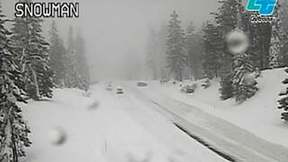 This image from a Caltrans traffic camera shows snow conditions on California SR-89 Snowman in Shasta-Trinity National Forest, Calif., Saturday, Dec. 10, 2022. A stretch of California Highway 89 was closed due to heavy snow between Tahoe City and Sou