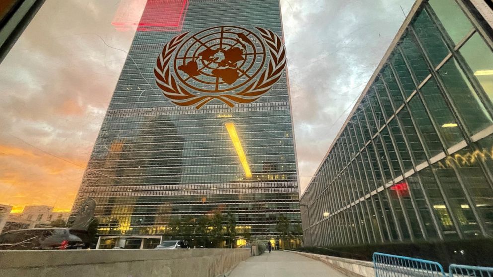 FILE - The United Nations headquarters building is seen from inside the General Assembly hall, Tuesday, Sept. 21, 2021. Western nations engaged in intense behind-the-scenes lobbying for a U.N. resolution that would condemn Russia’s “attempted illegal