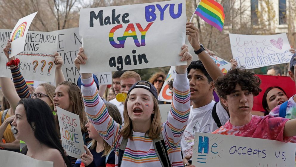 Brigham Young University student Kate Lunnen joins several hundred students protesting near The Church of Jesus Christ of Latter Day Saints church headquarters Friday, March 6, 2020, in Salt Lake City, to show their displeasure with a letter this wee