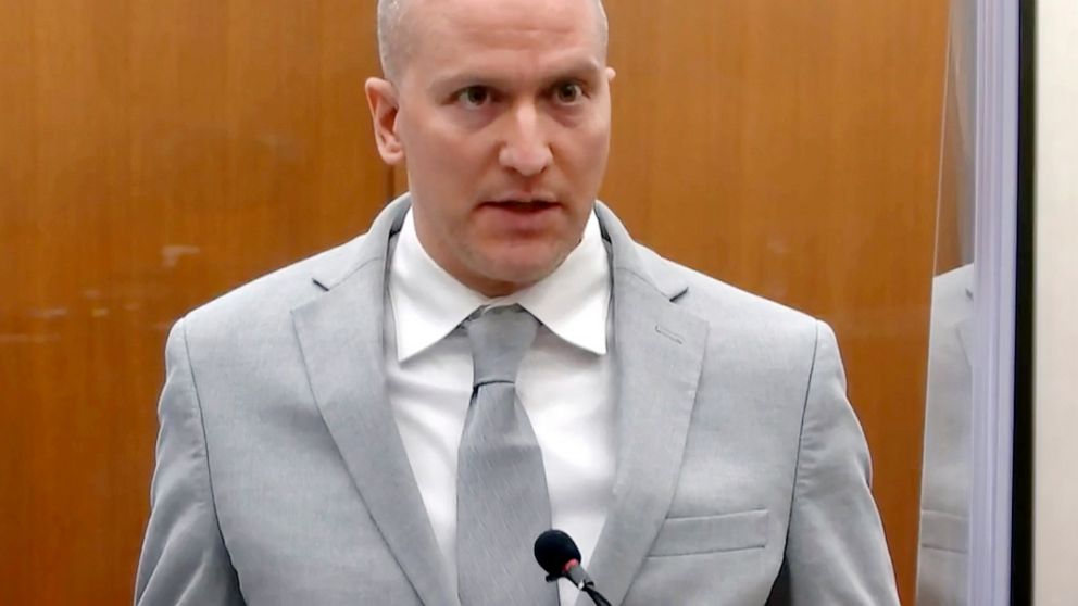 In this June 25, 2021, file image taken from pool video, former Minneapolis police Officer Derek Chauvin addresses the court as Hennepin County Judge Peter Cahill presides over Chauvin's sentencing at the Hennepin County Courthouse in Minneapolis. Ch