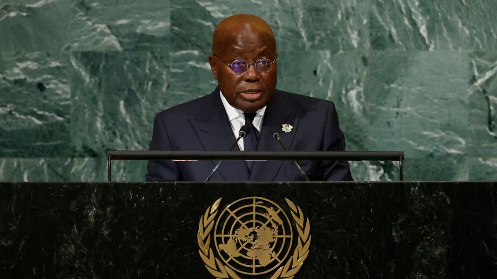 President of Ghana Nana Akufo-Addo addresses the 77th session of the United Nations General Assembly, at U.N. headquarters, Wednesday, Sept. 21, 2022. (AP Photo/Jason DeCrow)