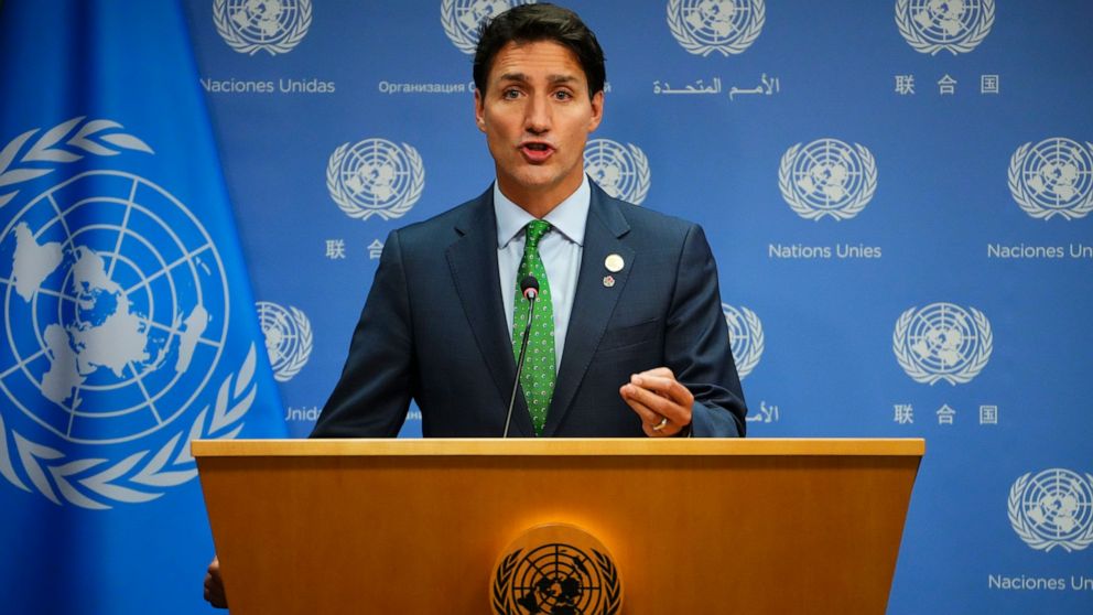 Canadian Prime Minister Justin Trudeau holds a closing press conference following the United Nations general assembly at U.N. Headquarters on Wednesday, Sept. 21, 2022. (Sean Kilpatrick/The Canadian Press via AP)