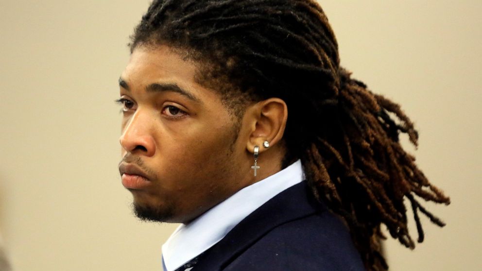 Former Virginia Tech football player Isimemen David Etute looks on during his trial in Montgomery County Circuit Court in Christiansburg, Va., Friday May 27 2022. Etute is accused of fatally beating Jerry Smith, 40 in May 2021, a man he met on an onl