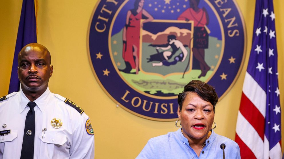 FILE - New Orleans Mayor LaToya Cantrell speaks at a news conference with New Orleans Police Department Superintendent Shaun Ferguson at City Hall in New Orleans, Thursday, Aug. 4, 2022. On Tuesday, Aug. 16, 2022, New Orleans officials asked a federa