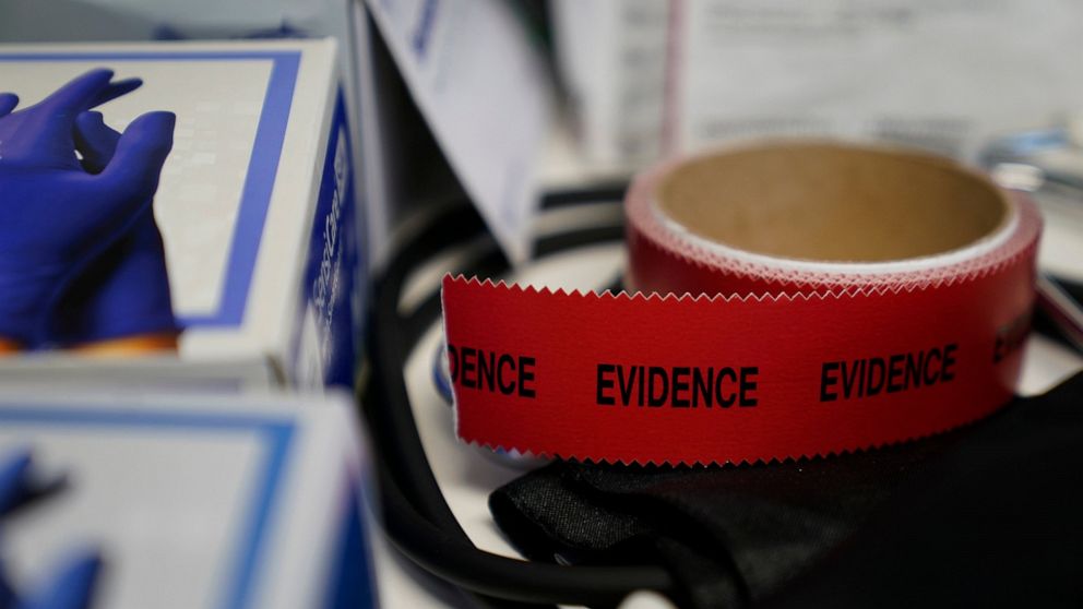 Evidence tape is seen with a Sexual Assault Evidence Collection Kit in an examination room, Wednesday, Aug. 31, 2022, in Austin, Texas. After a Texas law banning abortions past about six weeks, even in cases of rape or incest, went into effect a year