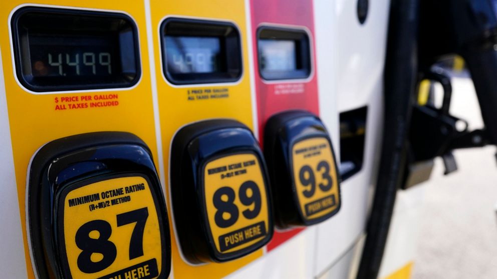 Gasoline prices are displayed at a gas station in Vernon Hills, Ill., Friday, April 1, 2022. Inflation soared over the past year at its fastest pace in more than 40 years, with costs for food, gasoline, housing and other necessities squeezing America