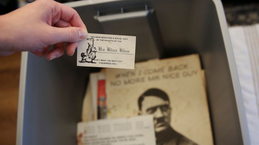Some of the racist material collected over decades by former Ku Klux Klan leader John Howard is seen on Dec. 9, 2020, in Columbia, S. C.. Howard also ran The Redneck Store in Laurens, South Carolina, for decades. The Echo Group is renovating the shop
