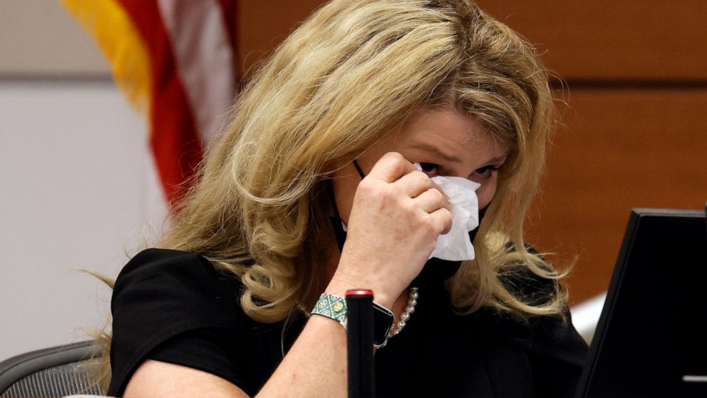 Patricia "Trish" Devaney Westerlind becomes emotional as she testifies during the penalty phase of the trial of Marjory Stoneman Douglas High School shooter Nikolas Cruz at the Broward County Courthouse in Fort Lauderdale, Fla., Tuesday, Aug. 23, 202