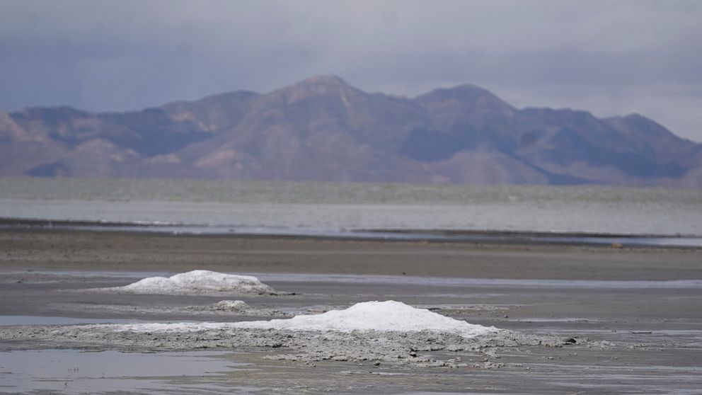 FILE - Mirabilite spring mounds are shown at the Great Salt Lake on May 3, 2022, near Salt Lake City. The Great Salt Lake has hit a new historic low for the second time in less than a year. Utah Department of Natural Resources said Monday, June 5, 20