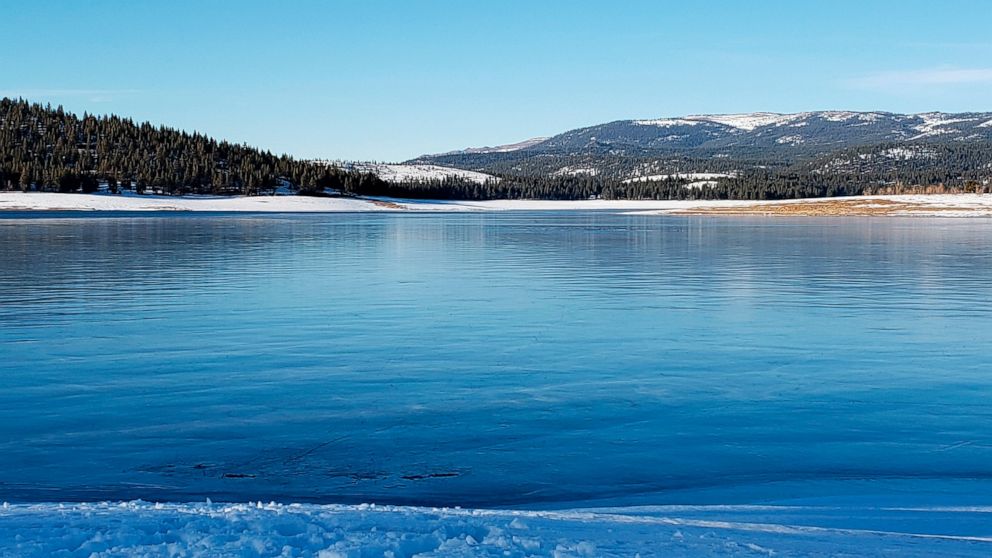 This photo released by the Sierra County Sheriff's Office shows the Stampede Reservoir in Downieville, Calif., Saturday, Feb. 5, 2022. One person drowned after a group of people fell through the ice while skating at the reservoir north of Lake Tahoe,