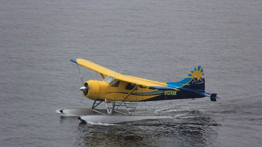This Thursday, Aug. 5, 2021, photo provided by Lee LaFollette shows a de Havilland Beaver aircraft departing the Port of Ketchikan, Alaska. Foggy, reduced-visibility conditions have delayed efforts to recover the wreckage of a sightseeing plane that 