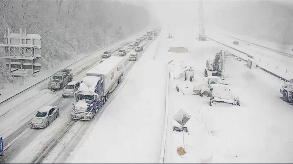 This image provided by the Virginia department of Transportation shows a closed section of Interstate 95 near Fredericksburg, Va. Monday Jan. 3, 2022. Both northbound and southbound sections of the highway were closed due to snow and ice. (Virginia D