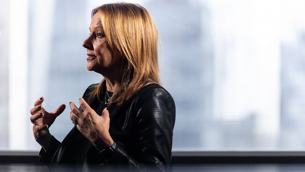 Mary Barra, CEO of General Motors, speaks during an interview with The Associated Press, Thursday, July 14, 2022, in New York. The economy is a bit wobbly, but General Motors CEO Mary Barra isn't backing off of an audacious prediction: By the middle 