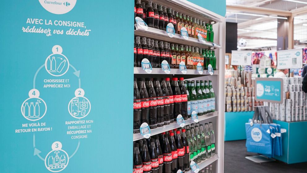 This photos provided by North America Public Relations shows Loop reusable packaging at French supermarket. Reusable packaging is about to become more common at groceries and restaurants worldwide. Loop, which collects and sanitizes reusable containe