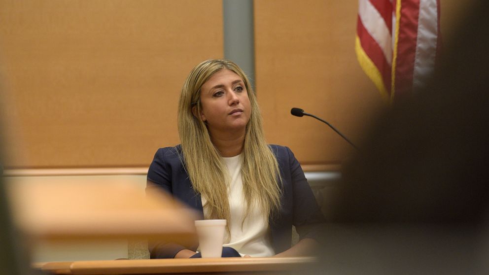 Brittany Paz, the corporate representative for InfoWars, is questioned by plaintiff's attorney Chris Mattei during the Alex Jones Sandy Hook defamation damages trial in Superior Court in Waterbury, Conn., on Thursday, Sept. 15, 2022. (H John Voorhees