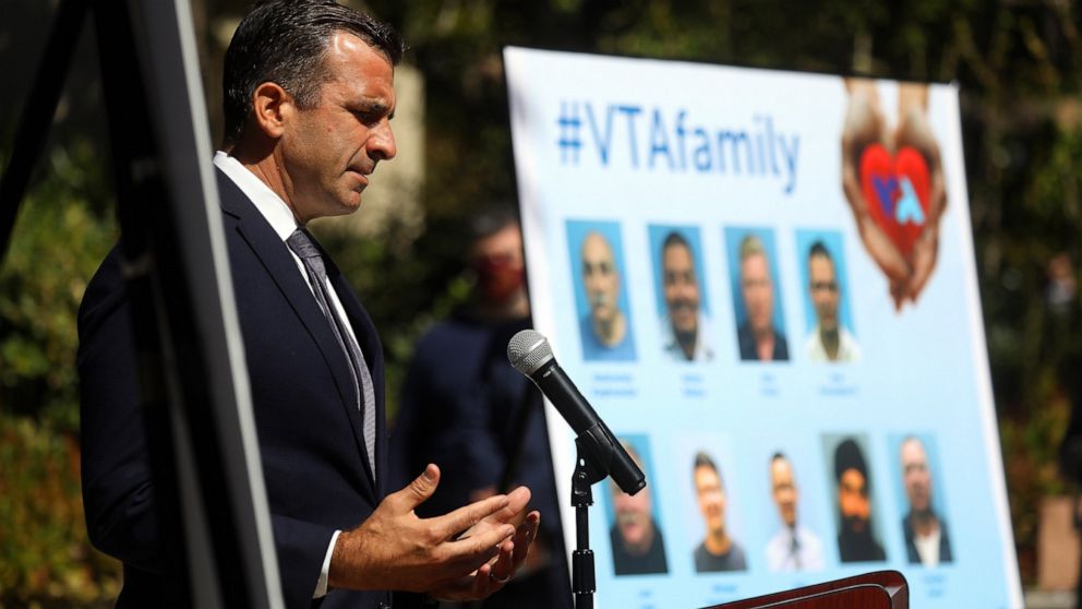 San Jose Mayor Sam Liccardo speaks during a press conference honoring nine people killed by a coworker on Thursday, May 27, 2021, in San Jose, Calif. A gunman who killed nine people at a California rail yard appeared to target some of the victims as 